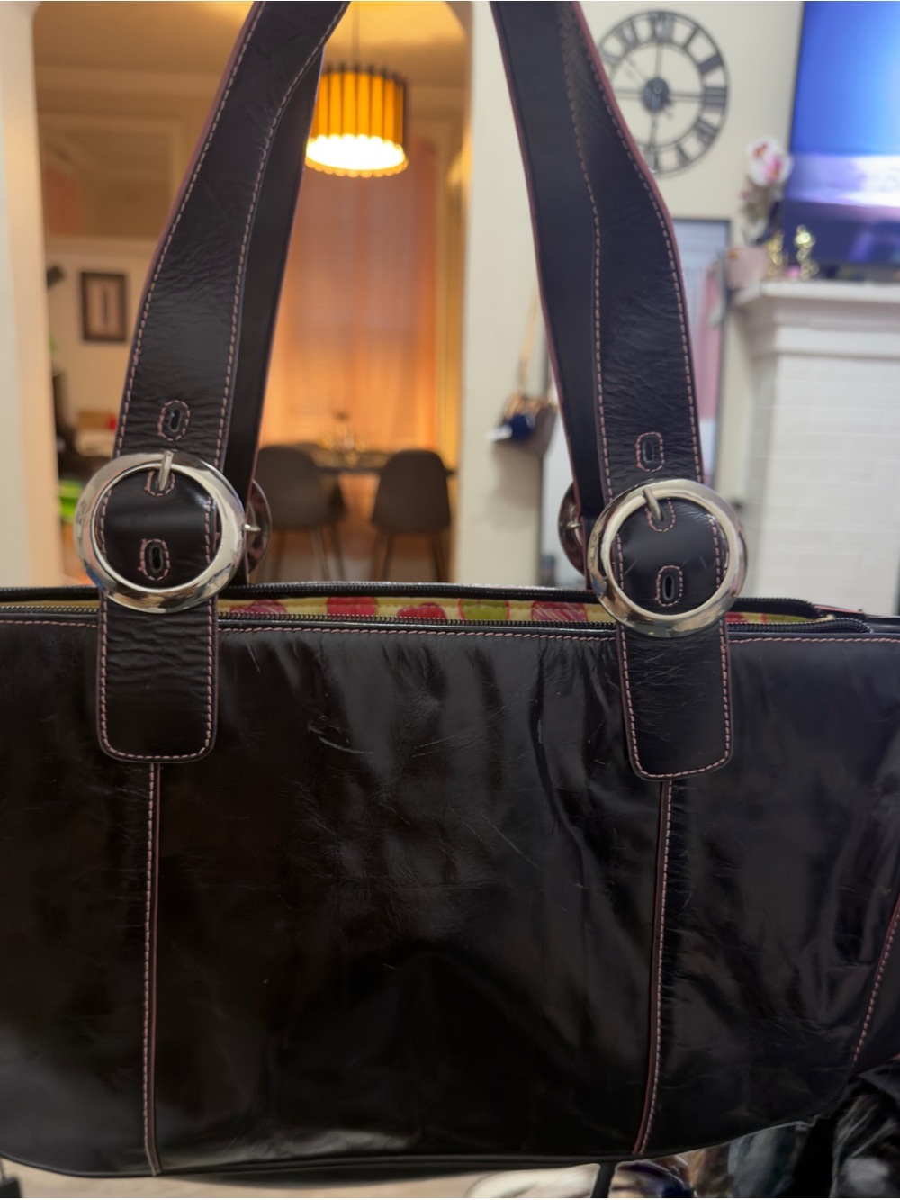 Women's Black Patent Shoulder Bag with Silver Hardware